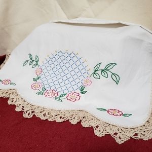 Handmade embroidered and crocheted small table runner. For dresser top.